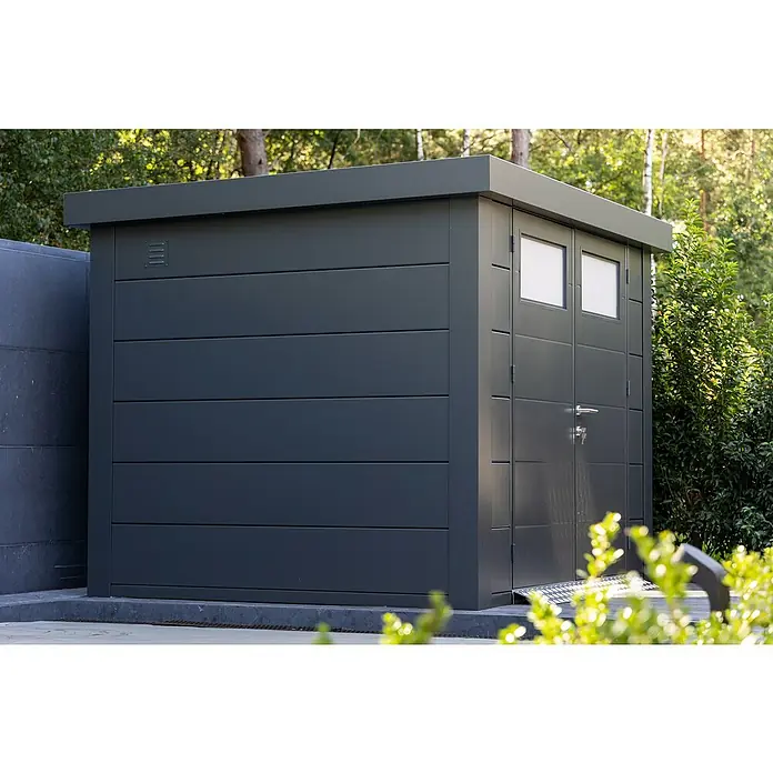 Telluria Metallgerätehaus Classico 3330 - Außenmaß inkl. Dachüberstand (B x T): 348 x 318 cm, Stahl, Anthrazit, Ohne Set - Moderne, graue Gerätebox im Garten. Praktische Gartenbox mit Doppeltür und Fenster für die Aufbewahrung von Gartengeräten und Werkzeugen.