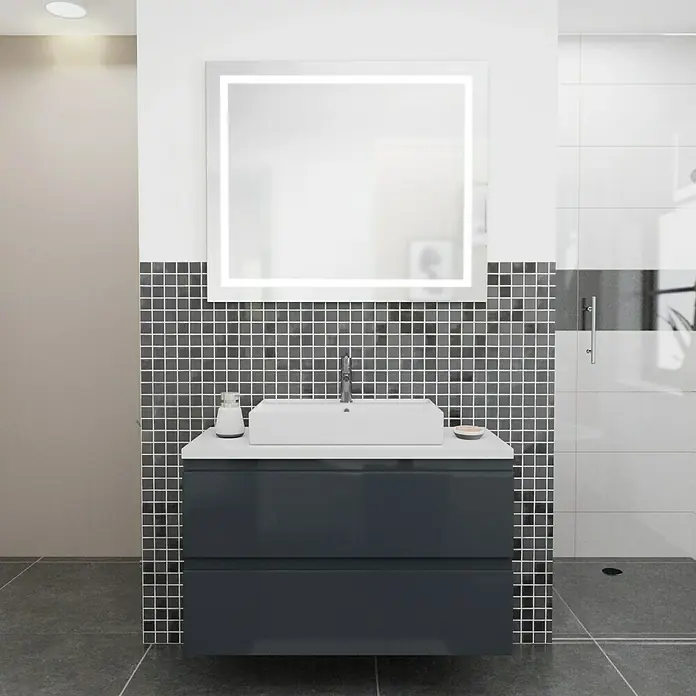 Camargue Espacio Badmöbel-Set i95 - 100 cm, Gama anthrazit glänzend - Badezimmerwaschtisch mit grauem Unterschrank, modernem Aufsatzwaschbecken und beleuchtetem Spiegel für stilvolle Badezimmerausstattung.