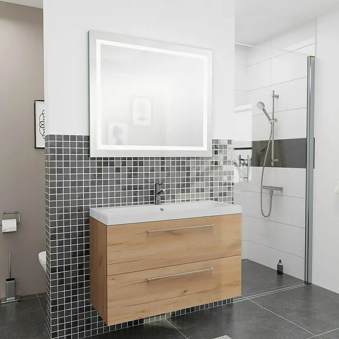 Camargue Espacio Badmöbel-Set i36 - 100 cm, Doce - Ein moderner Waschtischunterschrank mit zwei Schubladen in Holzoptik und einem Aufsatzwaschbecken im Badezimmer.