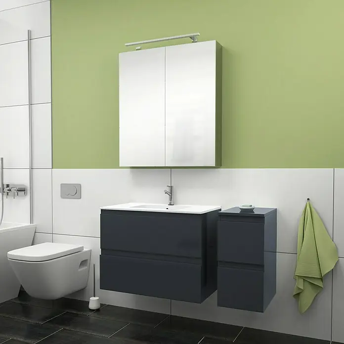 Camargue Espacio Badmöbel-Set J15 - 110 cm, Gama anthrazit glänzend - Elegantes Badezimmer-Interieur mit modernem Waschtischunterschrank, Spiegelschrank und passendem Hängeschrank in stilvollem Design.