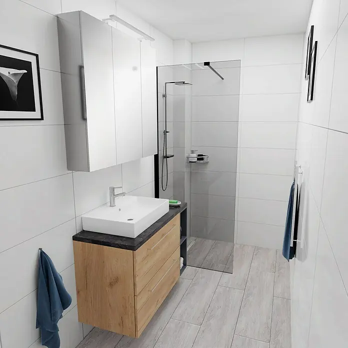 Camargue Espacio Waschtischplatte - 100 x 46 x 3,2 cm, Metallic - Moderne Badezimmeransicht mit Waschtischunterschrank in Holzoptik, Aufsatzwaschbecken und Spiegelschrank mit Beleuchtung. Duschkabine im Hintergrund.