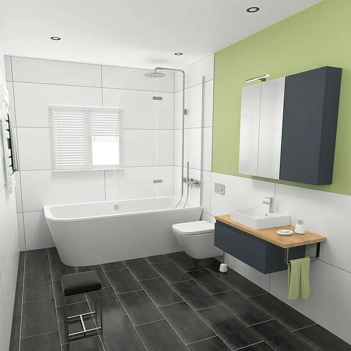 Camargue Espacio Badmöbel-Set i134 - 100 cm, Gama anthrazit matt - Das Bild zeigt ein Badezimmer mit Badewanne, Toilette, Waschbecken und Spiegel, das durch seine moderne und stilvolle Einrichtung besticht.