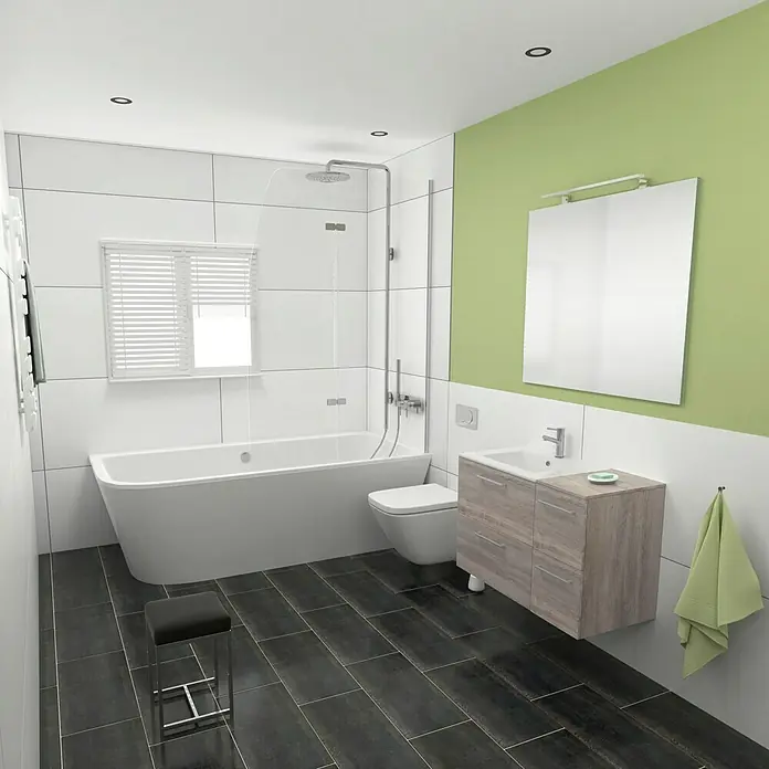 Camargue Espacio Badmöbel-Set i27 - 100 cm, Faro - Elegantes Badezimmer-Interieur mit freistehender Badewanne, Waschtisch und WC, akzentuiert durch grüne Wand und dunkle Bodenfliesen.