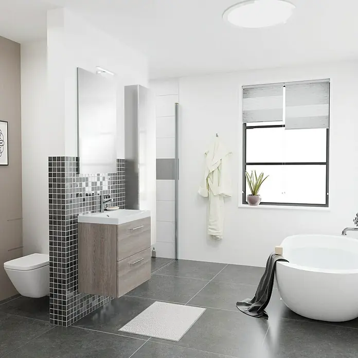 Camargue Espacio Badmöbel-Set i147 - 100 cm, Faro - Modernes Badezimmer mit Waschtischunterschrank in Holzoptik, Spiegel und freistehender Badewanne für ein stilvolles Ambiente.