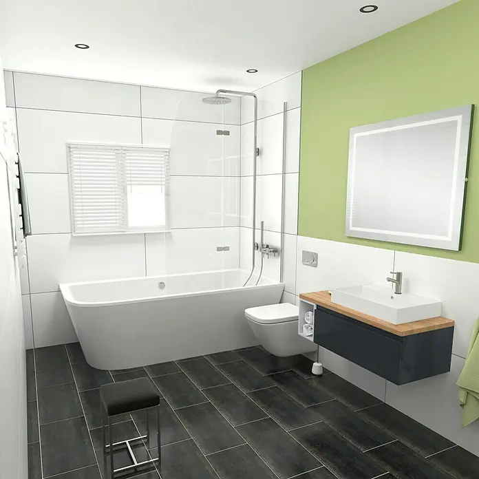 Camargue Espacio Badmöbel-Set i115 - 100 cm, Gama anthrazit glänzend - Modernes Badezimmer mit Badewanne, Waschtisch mit Spiegel, Toilette und dunklem Fliesenboden. Das Bad ist hell und freundlich gestaltet.