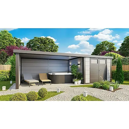 Telluria  Metallgerätehaus Classico 3330 mit Lounge XL links inkl. Elektro-Set