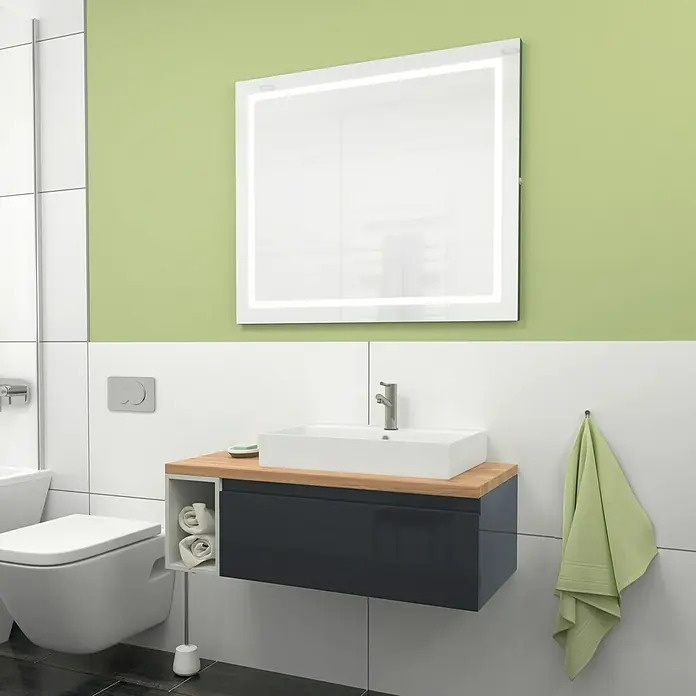 Camargue Espacio Badmöbel-Set i115 - 100 cm, Gama anthrazit glänzend - Ein modernes Badezimmer mit einem beleuchteten Spiegel, einem stilvollen Waschtischunterschrank und einer hängenden Toilette.