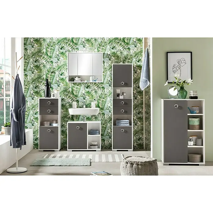Schildmeyer Kimi LED-Spiegelschrank - B x H: 70 x 60,5 cm, Mit Beleuchtung, Holz, Weiß - Badezimmer-Set in Weiß und Grau mit Waschbecken, Spiegelschrank und diversen Schränken für ein modernes Ambiente.