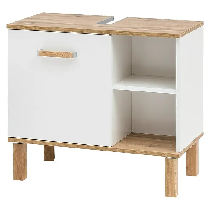 Schildmeyer Padua Waschtischunterschrank - 65 x 35 x 60 cm, Weiß/Eiche - Ein weißer Waschbeckenunterschrank mit Holzplatte und Griff, sowie einem offenen Regal zur stilvollen Badaufbewahrung.