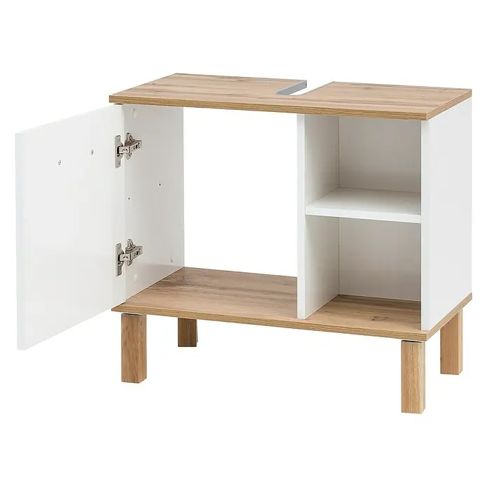 Schildmeyer Padua Waschtischunterschrank - 65 x 35 x 60 cm, Weiß/Eiche - Bild eines Waschtischunterschranks in Weiß und Holzoptik mit offener Tür und Regal.