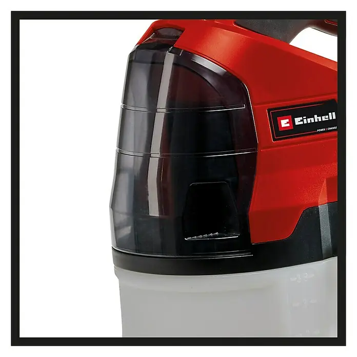 Einhell Power X-Change 18V Akku-Sprühgerät GE-WS 18/35 Li-Solo - 18 V, Anzahl Akkus: Ohne Akku, Betriebsdruck: 2,5 bar - Detailaufnahme des Einhell Akku-Nass-Trockensaugers, der durch sein rotes Design und den transparenten Staubbehälter besticht.