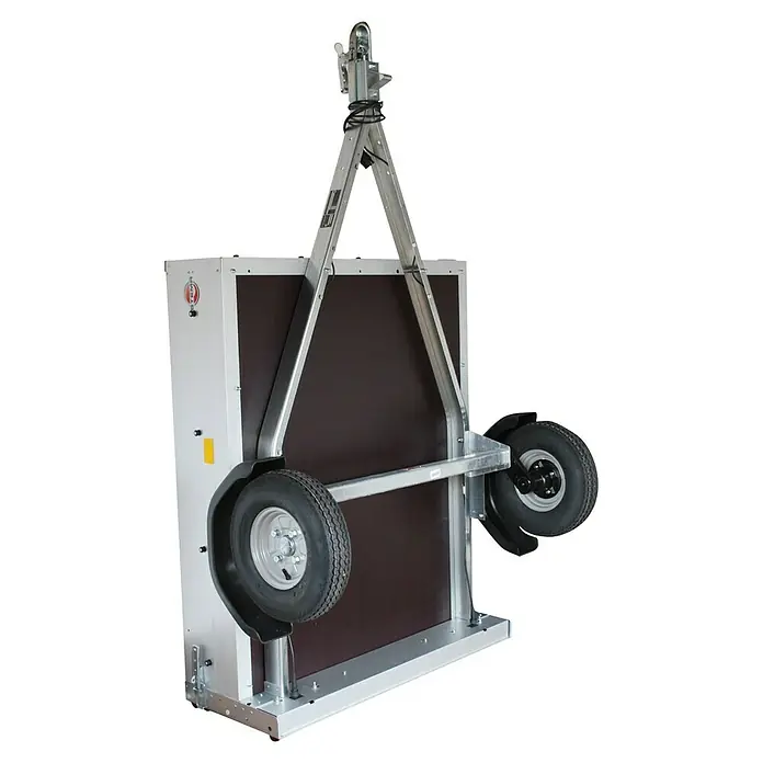 Stema Anhänger Mini 350 - Nutzlast: 270 kg, Einachser, 134x 108 x 26,5 cm, Ungebremst - Bild eines vertikal gelagerten Anhängers, der Platz spart. Ideal für kleine Räume, robust und benutzerfreundlich.