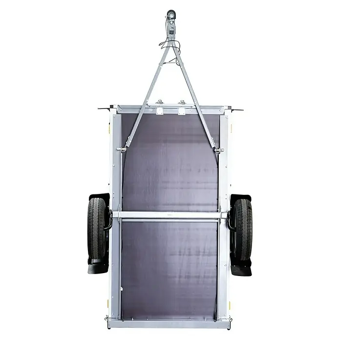 Stema Anhänger BASIC 750 Kippdeichsel - Nutzlast: 615 kg, Einachser, 201 x 108 x 33 cm, Ungebremst - Draufsicht auf einen Anhänger mit grauer Ladefläche und silbernem Rahmen, der für den Transport von Gütern konzipiert ist.
