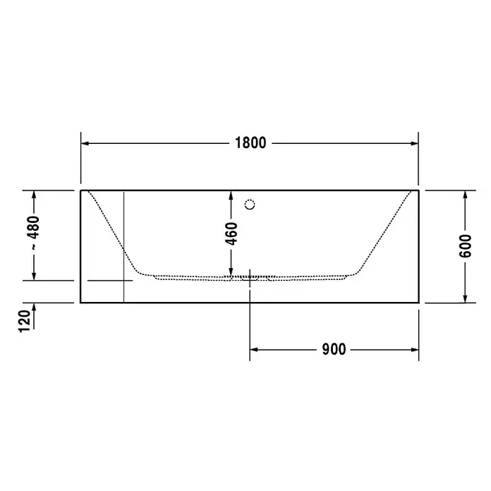Duravit Happy D.2 Badewanne - 180 x 80 cm, Sanitäracryl, Weiß, Rechts - Technische Zeichnung einer Badewanne mit Maßangaben für Länge, Breite und Höhe in Millimetern.