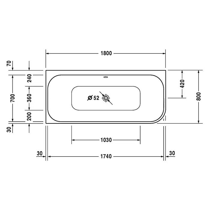 Duravit Happy D.2 Badewanne - 180 x 80 cm, Sanitäracryl, Weiß, Links - Schema des Sanitärprodukts Badewanne mit allen Maßen.