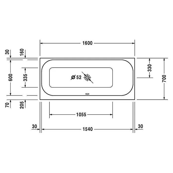 Duravit Happy D.2 Badewanne - 160 x 70 cm, Sanitäracryl, Weiß, Rückenschräge rechts - Technische Zeichnung einer Badewanne mit Bemaßung, die die Größe und die Form des Produkts verdeutlicht.