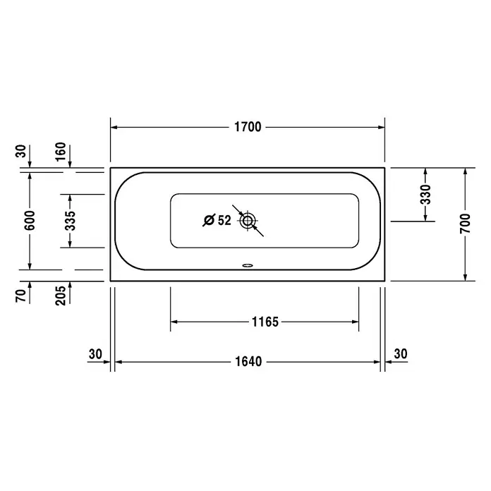 Duravit Happy D.2 Badewanne - 170 x 70 cm, Sanitäracryl, Weiß, Rückenschräge links - Technische Zeichnung einer rechteckigen Badewanne mit abgerundeten Kanten und allen Maßangaben.