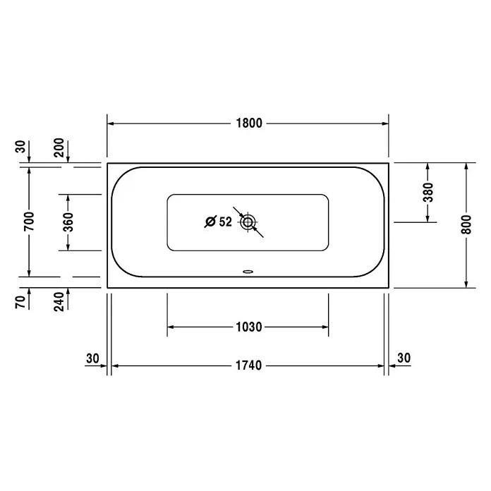 Duravit Happy D.2 Badewanne - 180 x 80 cm, Sanitäracryl, Weiß - Draufsicht einer Badewanne mit detaillierten Maßangaben zu Länge, Breite und Durchmesser des Abflusses für Installationszwecke.