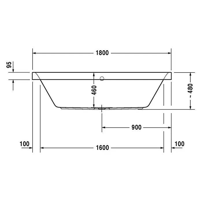 Duravit Happy D.2 Badewanne - 180 x 80 cm, Sanitäracryl, Weiß - Technische Zeichnung eines rechteckigen Waschbeckens mit Maßangaben.