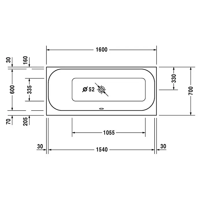 Duravit Happy D.2 Badewanne - 160 x 70 cm, Sanitäracryl, Weiß, Rückenschräge links - Technische Zeichnung einer rechteckigen Badewanne mit abgerundeten Ecken und Maßangaben.