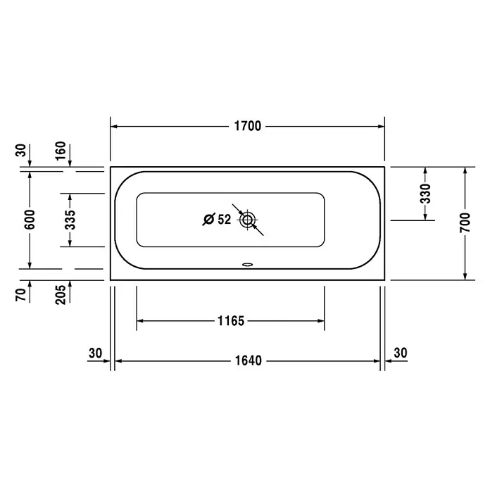 Duravit Happy D.2 Badewanne - 170 x 70 cm, Sanitäracryl, Weiß, Rückenschräge rechts - Technische Zeichnung einer Badewanne mit Maßangaben zu Länge, Breite und Durchmesser des Abflusses.