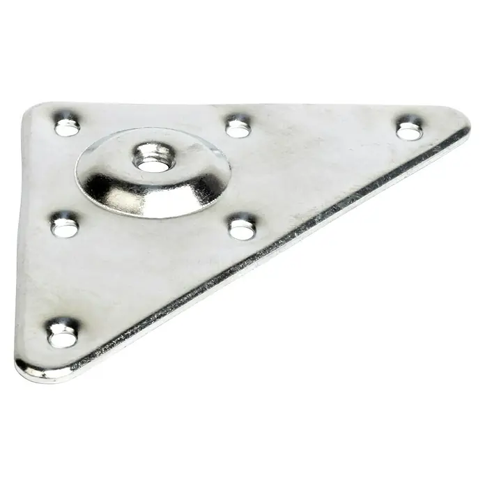 Rei Montageplatte - L x B x H: 120 x 90 x 7 mm, Gewinde: M 8 - Ein dreieckiger, silberner Eckverbinder mit Löchern für Schrauben zur stabilen Verbindung von Holzteilen.