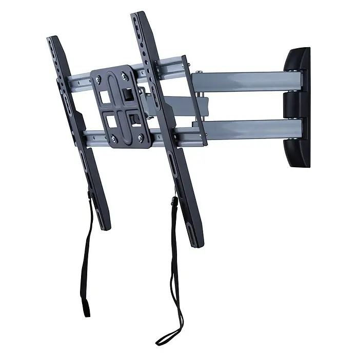 Soporte para televisor LN2RTA400-RO - Norma VESA 400 x 400, Carga soportada: 40 kg - Primer plano de un soporte de pared metálico ajustable para TV con dos brazos y correas negras.