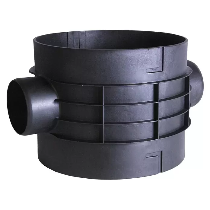 Intewa Versickerungsanlage Basis-Paket - 2.000 l, Mit Filter - Dunkelgrauer Kunststoff-Entwässerungsschacht mit mehreren Rohranschlüssen.