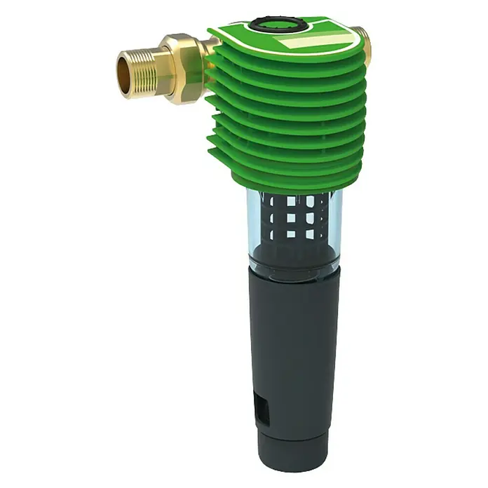 Grünbeck Rückspülfilter Boxer RX - 1″ - Produktansicht eines grünen Wasserfilters mit Messinganschlüssen und transparentem Gehäuse, isoliert auf Weiß.