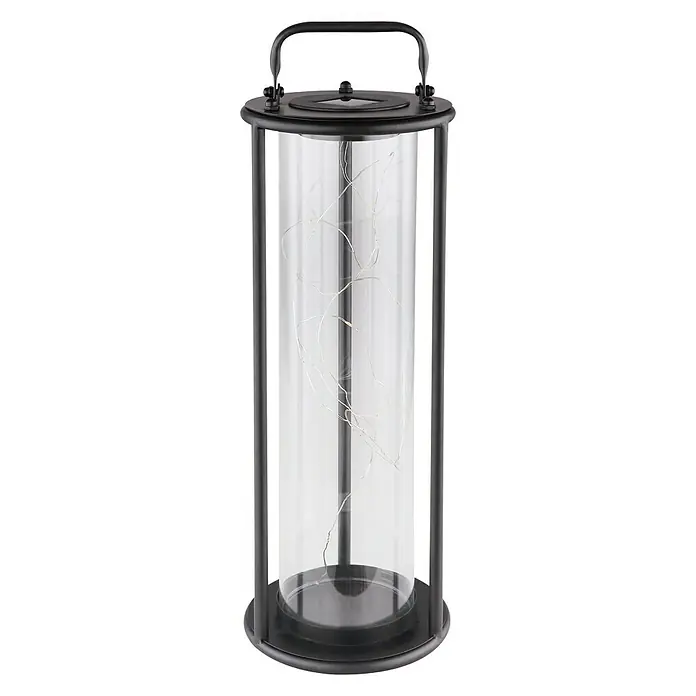 Globo Solar-Dekoleuchte - Schwarz, Klar, IP44 - Elegante, schwarze Laterne mit klarem Glaszylinder und zarten Lichtern. Perfekt für stimmungsvolle Beleuchtung im Innen- und Außenbereich.