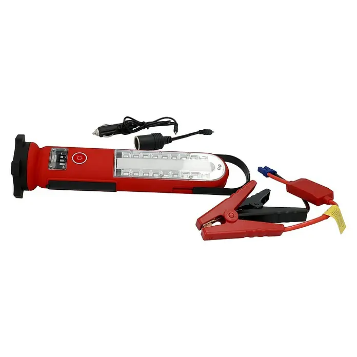 Absaar Energiestation - Kapazität: 8 Ah, 12 V - Rotes Starthilfe-Kit mit LED-Arbeitsleuchte, Batterieklemmen und Ladekabel für den Zigarettenanzünder zur Notfallhilfe im Auto.