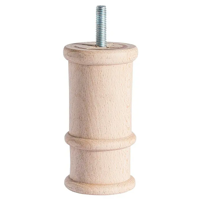 Rei Pata para muebles Deka - Ø x Al: 5,3 x 10 cm, Madera, Tratamiento superficial: Sin tratar - Primer plano de una pata de mueble de madera clara con un perno roscado, ideal para proyectos DIY.