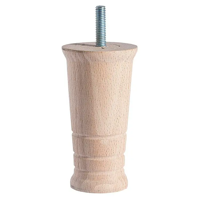 Rei Pata para muebles Guna - Ø x Al: 5,3 x 10 cm, Madera, Tratamiento superficial: Sin tratar - Primer plano de una pata de mueble de madera clara con perno roscado. Ideal para proyectos de bricolaje y mejorar los muebles.