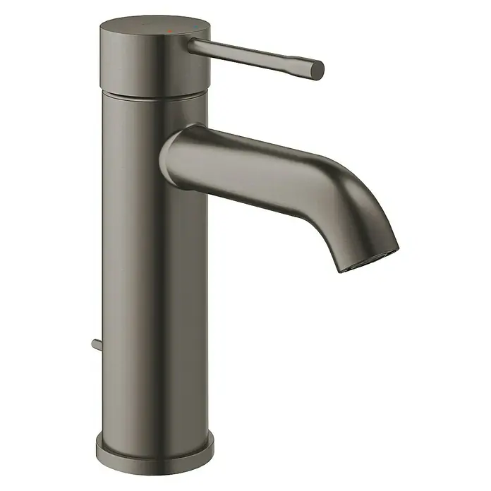 Grohe Essence New Waschtischarmatur S-Size - Mit Zugstange, Hard Graphite, Matt - Nahaufnahme eines modernen, gebürsteten Nickel-Waschtischhahns mit schlankem Auslauf und Hebel.