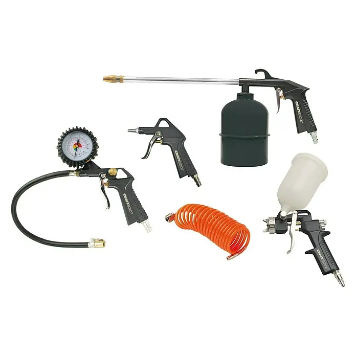 Craftomat Druckluft-Set - Betriebsdruck: 3 bar - 10 bar, 5 -tlg. - Vielfältiges Set von Craft Buddy Druckluftwerkzeugen für verschiedene Anwendungen, darunter Reifenfüller, Spritzpistole und Ausblaspistole.