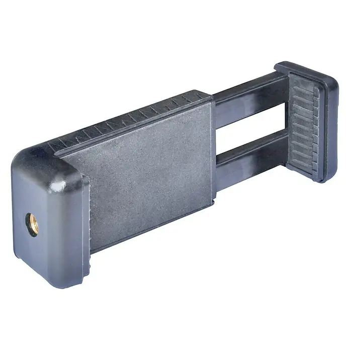 Piher Soporte para teléfono móvil 34056 - 3,5 " - 4,7 " - Primer plano de un soporte de teléfono inteligente negro ajustable con montaje para trípode, ideal para fotos y videos.