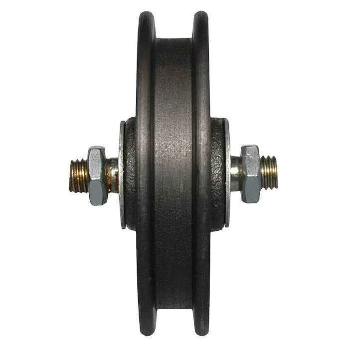 HBS Betz Schiebetorrolle - Traglast: 50 kg, Durchmesser: 90 mm - Nahaufnahme eines schwarzen Riemenrads mit Bolzen und Muttern, das für verschiedene mechanische Anwendungen geeignet ist.
