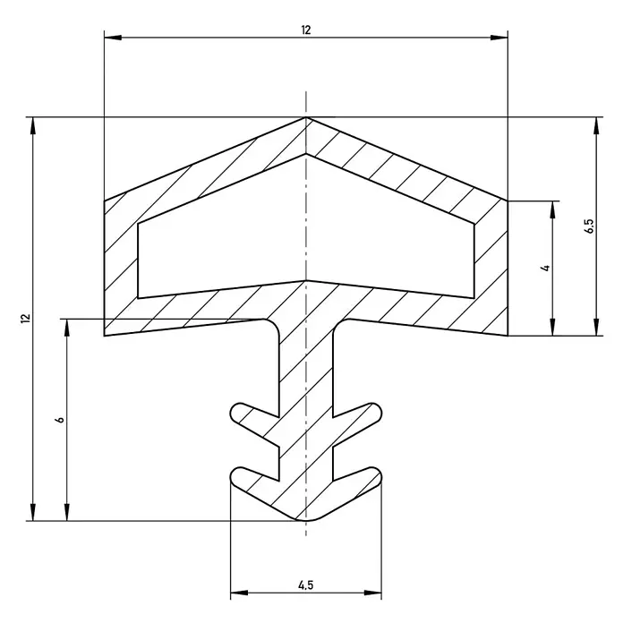 Solid Elements Türdichtung - Beige, 5 m x 12 mm x 12 mm, Geeignet für: Holzzargen - Technische Zeichnung einer Dichtung mit Maßen. Die Zeichnung zeigt die genauen Abmessungen der Dichtung.