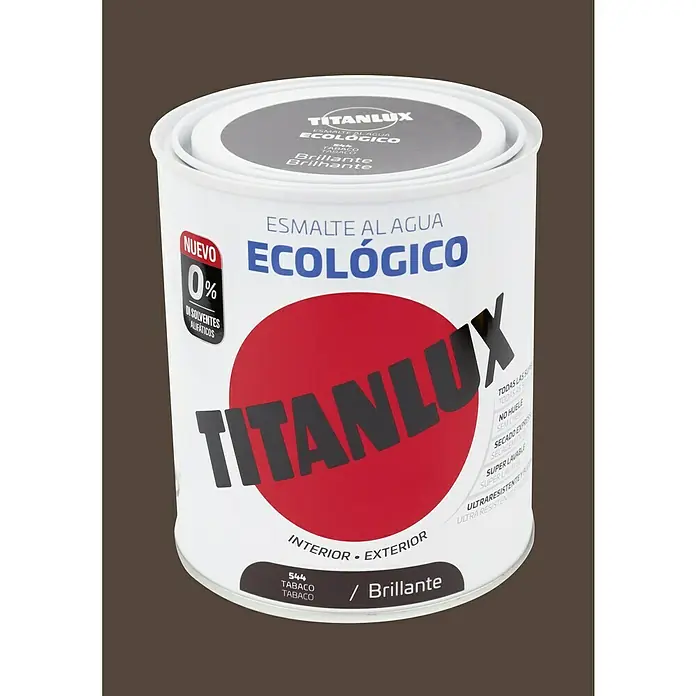 Titanlux Esmalte de color Eco - Tabaco, Brillante, 250 ml, Base de agua - Primer plano de una lata de pintura TITANLUX Ecológico en marrón tabaco, ideal para interiores y exteriores, respetuosa con el medio ambiente.