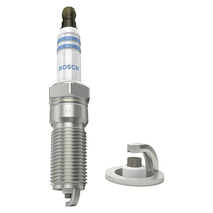 Bosch Zündkerze Premium KSN 522 - FR 78 NX - Ein detailreiches Bild einer Bosch Zündkerze mit ihrem Zubehör, hervorgehoben auf einem weißen Hintergrund.