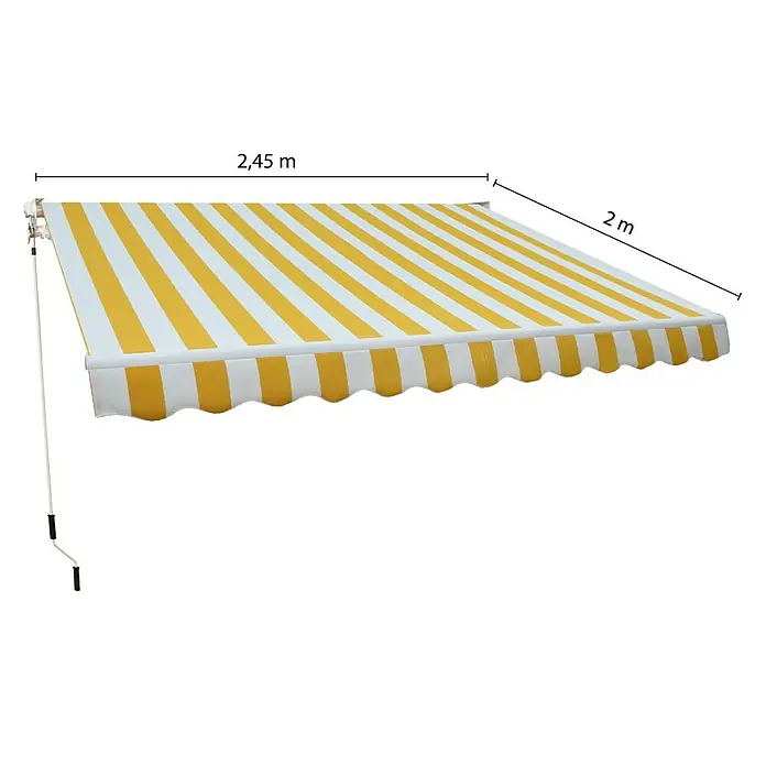 SmartSun Toldo de brazos extensibles Sunbasic - Amarillo/Blanco, Ancho: 2,5 m, Caída: 2 m - Imagen de un toldo de rayas amarillas y blancas con indicaciones de tamaño de ancho y proyección.