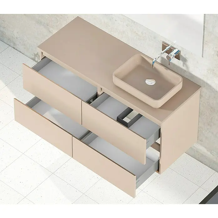 Artysan Mueble bajo de lavabo Sena - Fango - Mueble de baño beige con cajones abiertos y lavabo sobre encimera.