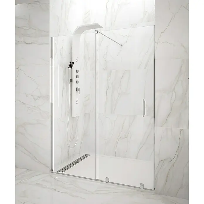GME Mampara de ducha frontal Vitro - 120 x 196 cm, Espesor de vidrio: 6 mm, Plata brillo - Elegante cabina de ducha con puerta corredera y moderno panel de ducha sobre pared de mármol para una experiencia de baño de lujo.