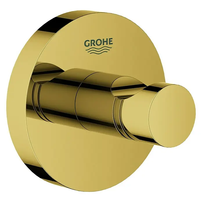 Grohe Essentials Bademantelhaken - Cool Sunrise, Glänzend - Nahaufnahme eines glänzenden, goldenen Grohe Essentials Bademantelhaken.