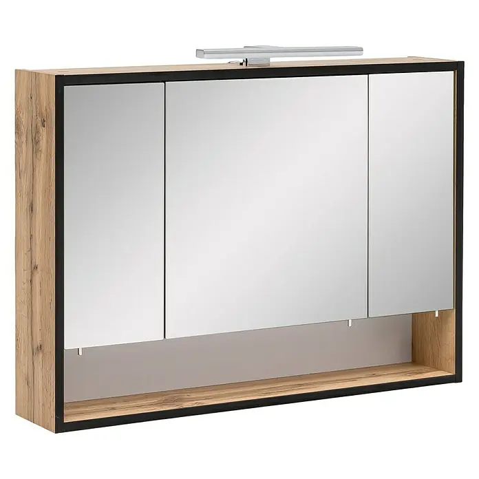 Schildmeyer Max LED-Spiegelschrank - B x H: 80 x 65 cm, Mit Beleuchtung, Holz, Eiche Nachbildung - Spiegelschrank mit drei Türen und zusätzlicher Ablagefläche in Holzoptik und schwarzem Rahmen, ideal für Badezimmer.