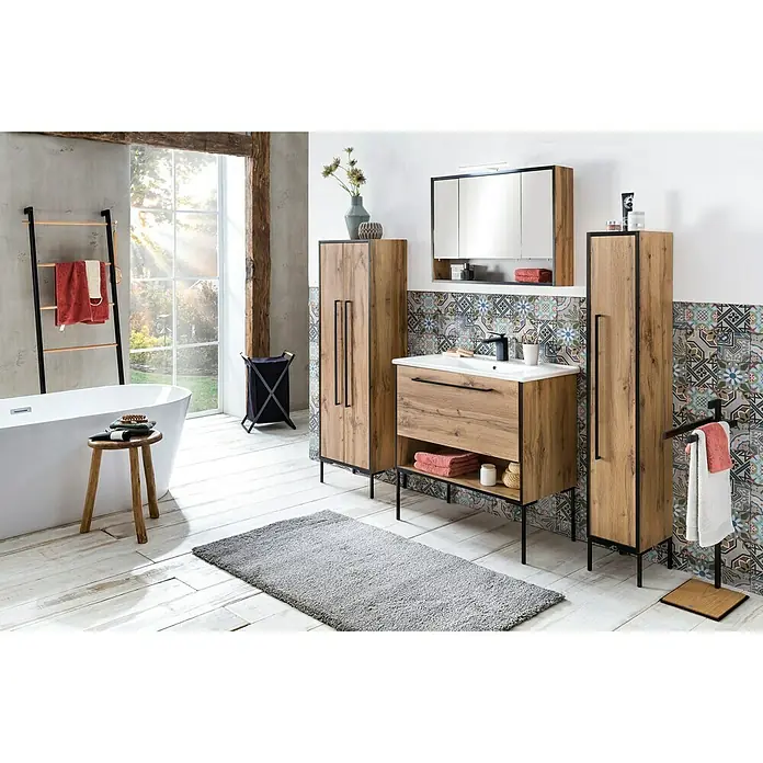 Schildmeyer Max LED-Spiegelschrank - B x H: 80 x 65 cm, Mit Beleuchtung, Holz, Eiche Nachbildung - Badezimmer-Ensemble mit Waschtischunterschrank, Hochschränken und Spiegelschrank in Holzoptik. Modernes Design für stilvolle Badezimmer.