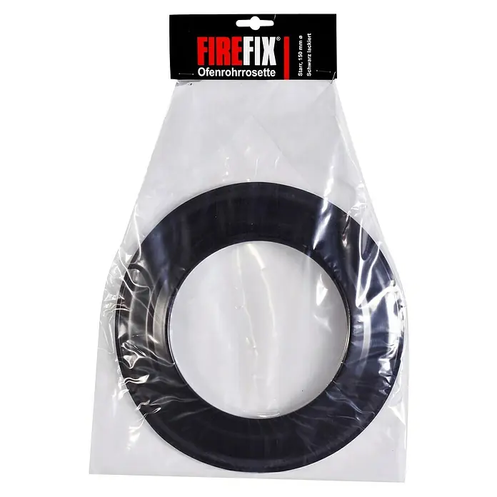 Firefix Ofenrohrrosette - Durchmesser: 150 mm, Schwarz - Produktaufnahme einer Ofenrohrrosette von Firefix, starr, 150 mm Durchmesser, schwarz lackiert, verpackt in einer transparenten Plastikverpackung.