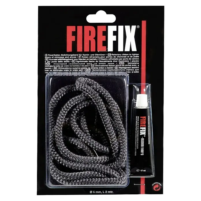 Firefix Ofendichtschnur - Ø x L: 6 mm x 2 m - FIREFIX Dichtungsband für Kamin und Ofentüren, inklusive Spezialkleber für eine sichere und hitzebeständige Abdichtung.
