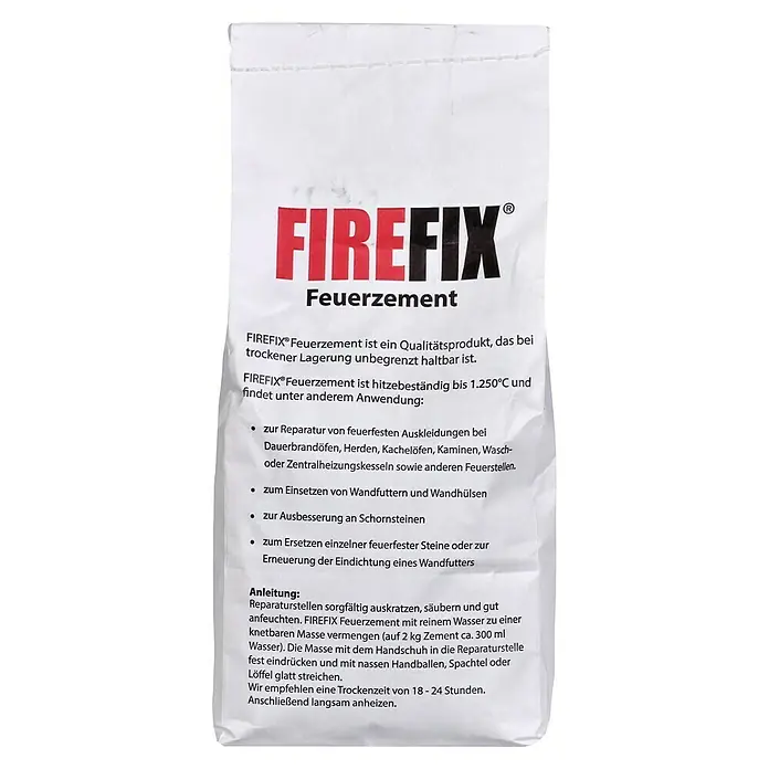 Firefix Feuerzement - 2 kg - Bild einer Packung FIREFIX Feuerzement, einem feuerfesten Zement für Reparaturen an Öfen, Kaminen und Schornsteinen.
