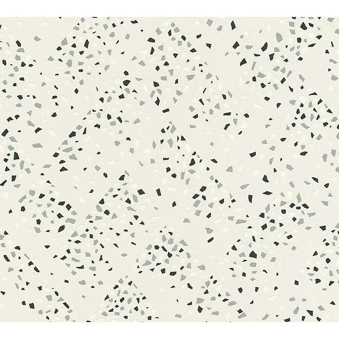 A.S. Création New Walls Vliestapete Grafik - Weiß/Schwarz, Grafisch, 10,05 x 0,53 m - Bild eines Terrazzo-Musters mit schwarzen, grauen und weißen Fragmenten auf einem hellen Hintergrund, ideal für moderne Designs.